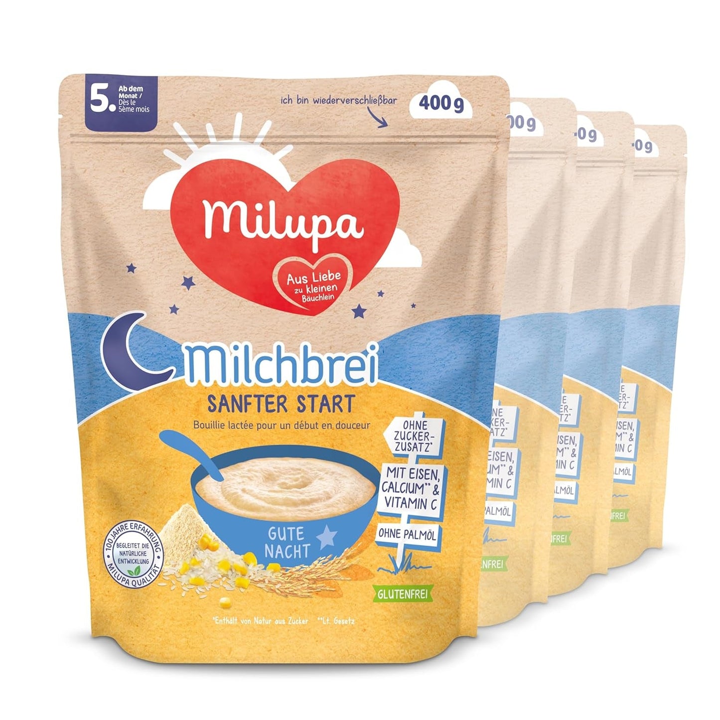 Porridge di latte Milupa Gentle Start - Cereali per neonati senza glutine, senza olio di palma - Senza conservanti e coloranti - Dai 5 mesi - 4 x 400 g
