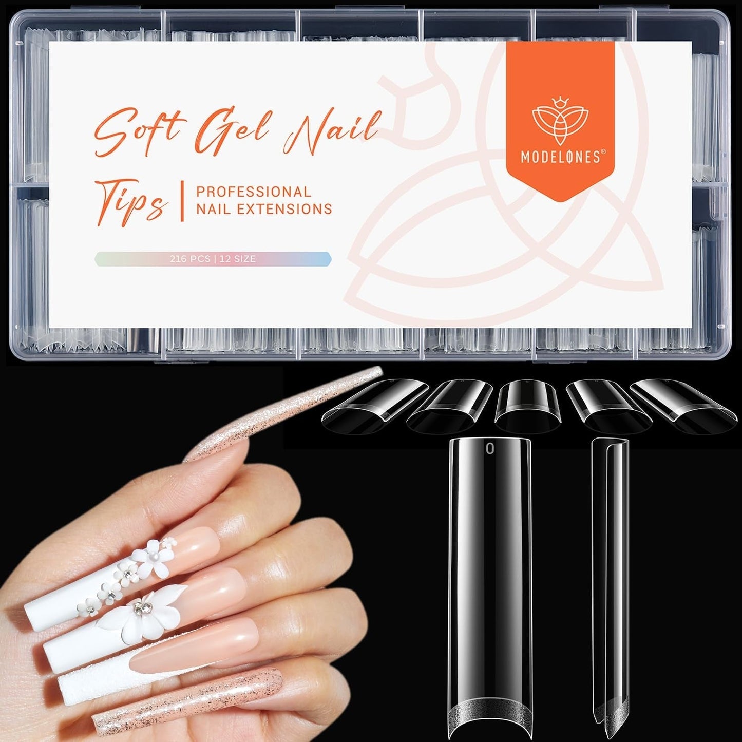 Modelones Nail Tips 216 pezzi - Set di punte per unghie a copertura totale, Set di punte in gel morbido, Punte per unghie in resina PMMA pre-lucidatura, Colla fai-da-te su unghie artificiali, Mandorle corte XS