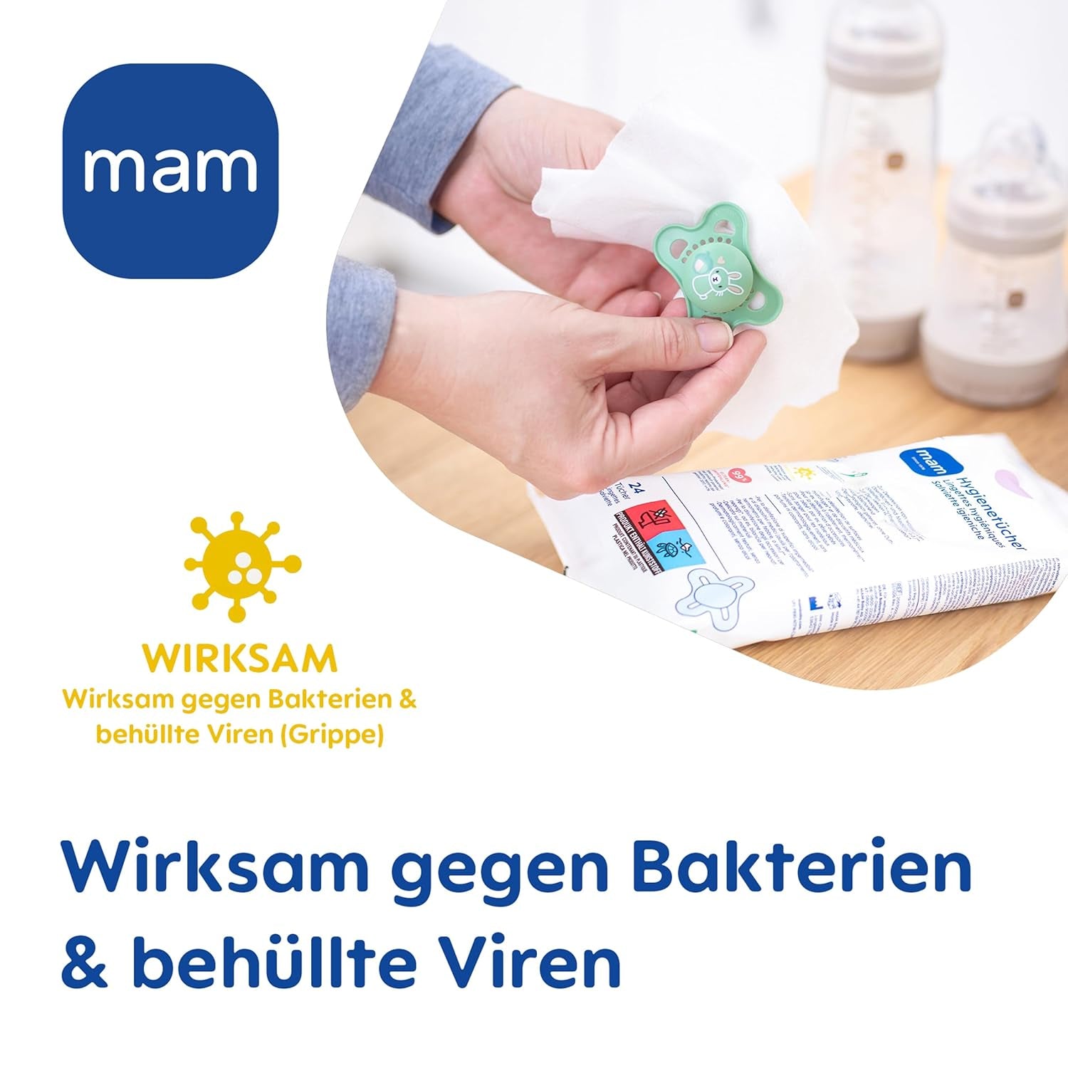 MAM Assorbenti Igienici Confezione da 3 (3 x 24 Pezzi), Salviette Detergenti per Dispositivi Medici e Accessori per Neonati, Assorbenti Igienici Antibatterici e Anti Virus