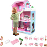HENGMEI Puppenhaus Kinder Holz Puppenvilla Dollhouse Set Mädchen Spielset 3 Etagen Haus mit Möbeln und Zubehör, 70x30x100cm Puppenhäuser für Kinder (Tipo B)