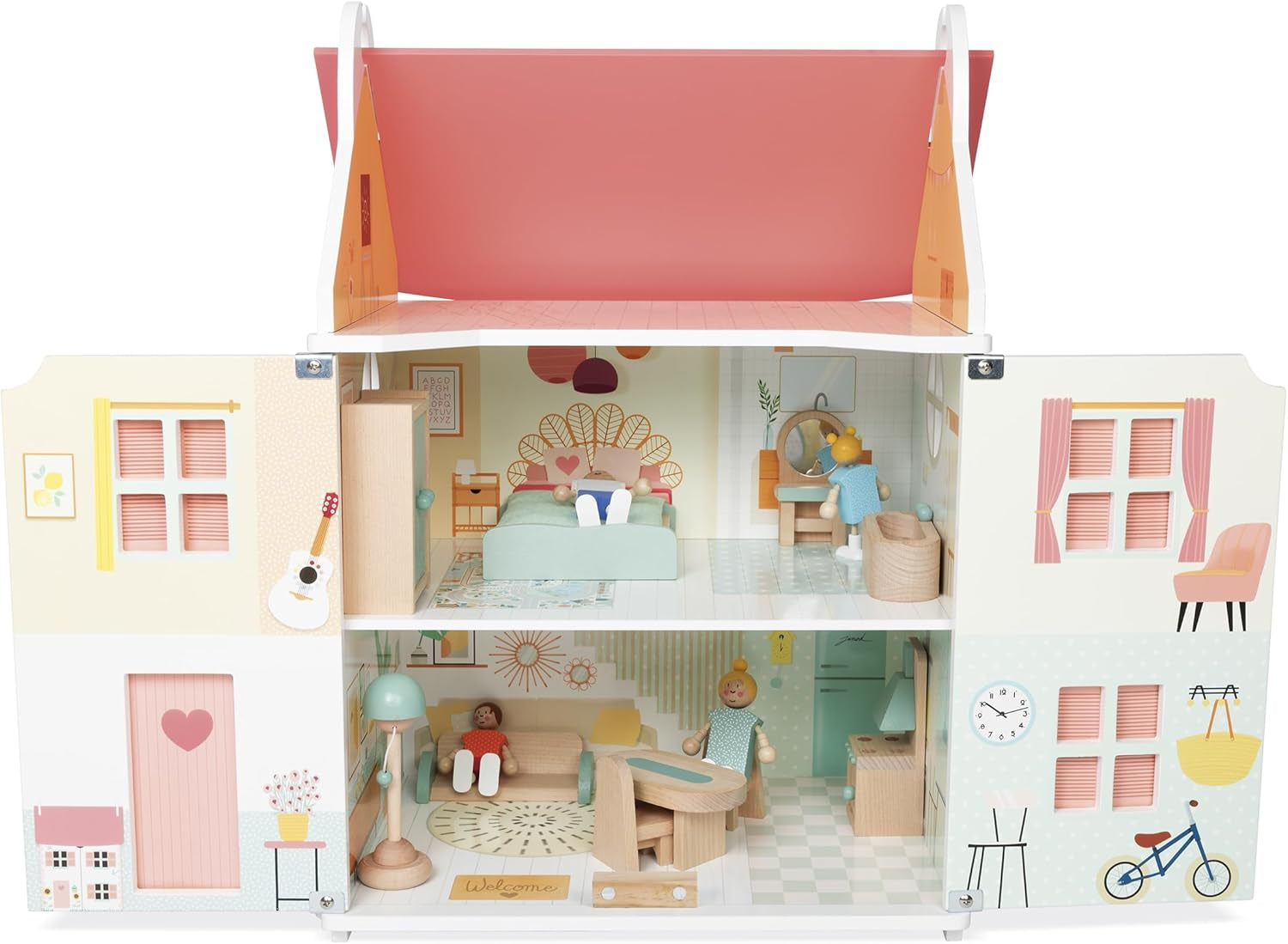 Janod - La mia prima casa delle bambole in legno - 10 accessori - Mobili per bambole - Porte magnetiche e tetto rimovibile - Giocattolo in legno certificato FSC - Dai 3 anni in su