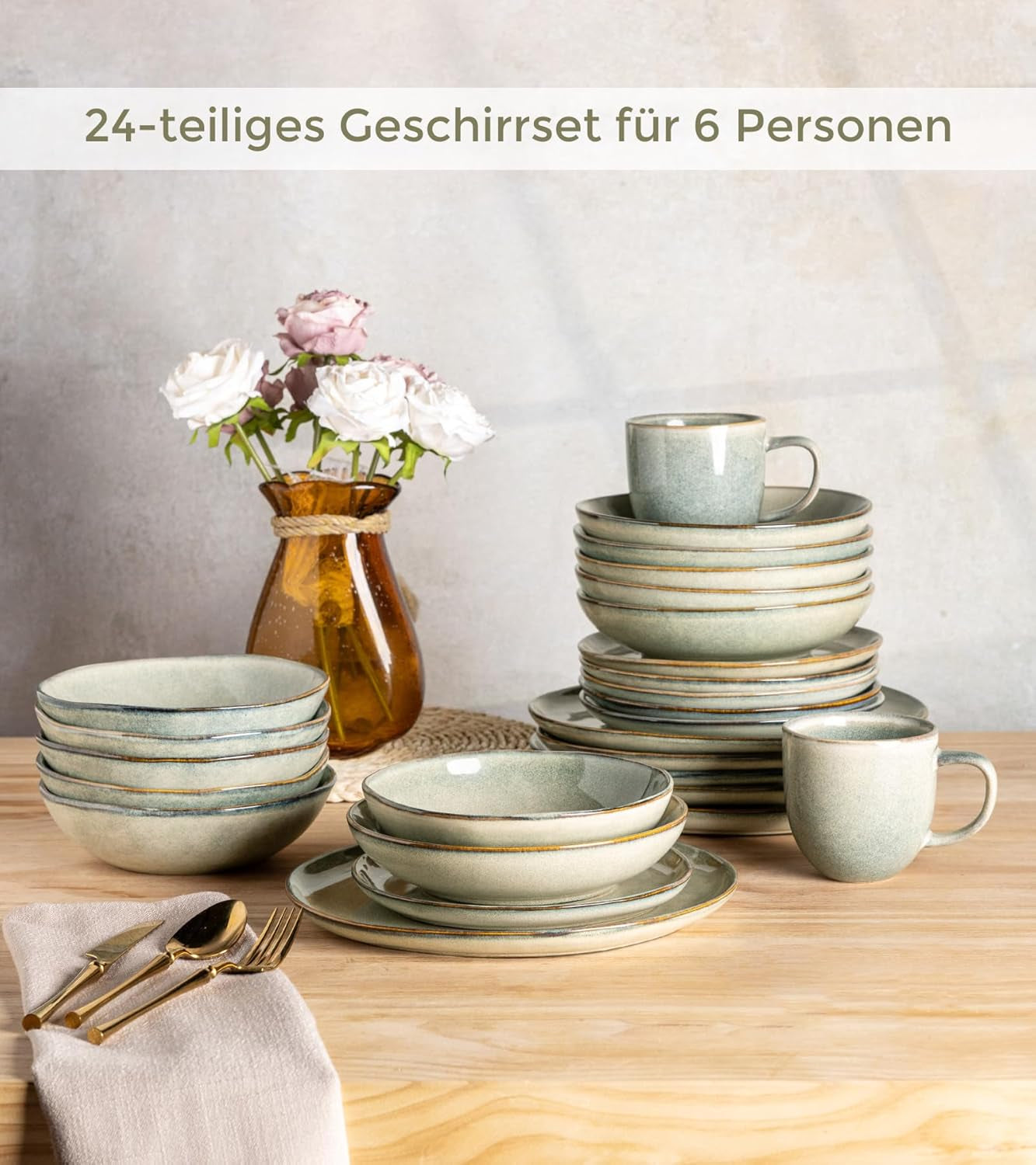 GBhome Set di stoviglie in ceramica per 6 persone, smalto reattivo da 24 pezzi, fatto a mano, adatto per microonde e lavastoviglie, set di ciotole e piatti, Desret Sage GDW007GY-24P-EU