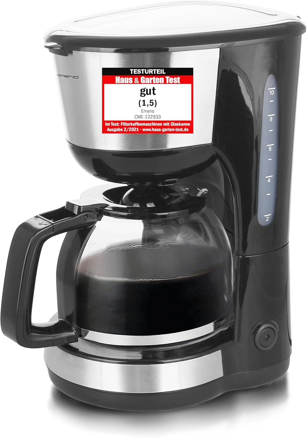 Emerio CME-122933, Macchina da caffè con filtro, 1,25 L per un massimo di 10 tazze di caffè fresco, filtro rimovibile permanente, funzione antigoccia, caraffa in vetro, spegnimento automatico, 1000 watt, nero/argento