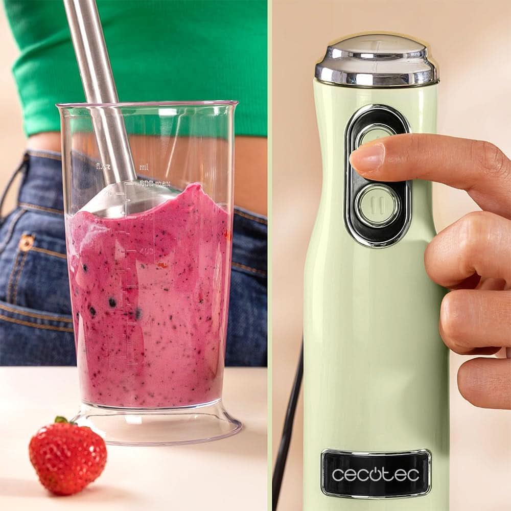 Cecotec Stabmixer Power Retrogreen 1200MAX Cream&Crush, Maximalleistung 1200 W, Tecnologia Crossblades, 2 velocità, Zubehörset Spülmaschinenfest, Spritzschutzhaube Kitchen Naty Shop