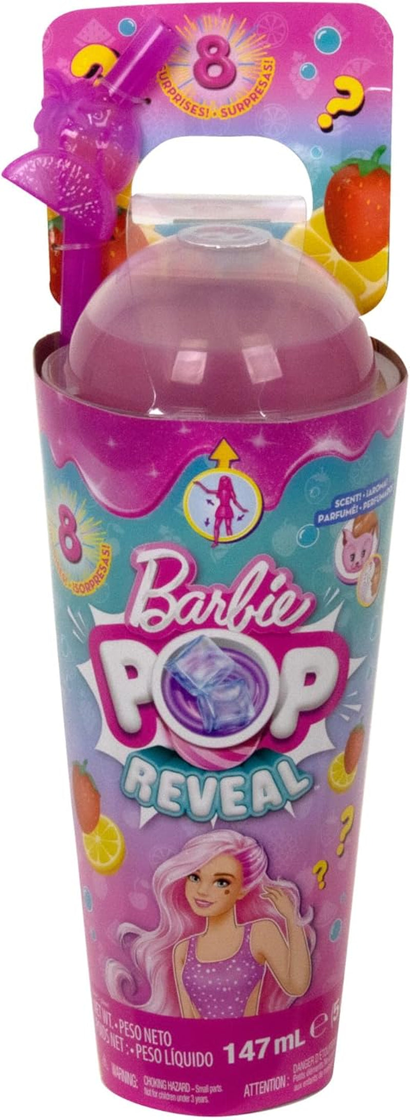 Barbie Pop Reveal Fruit - Bambole a sorpresa con 8 sorprese fruttate, tra cui una bambola posizionabile profumata alla fragola e limonata e un soffice cucciolo, dai 3 anni in su, HNW41