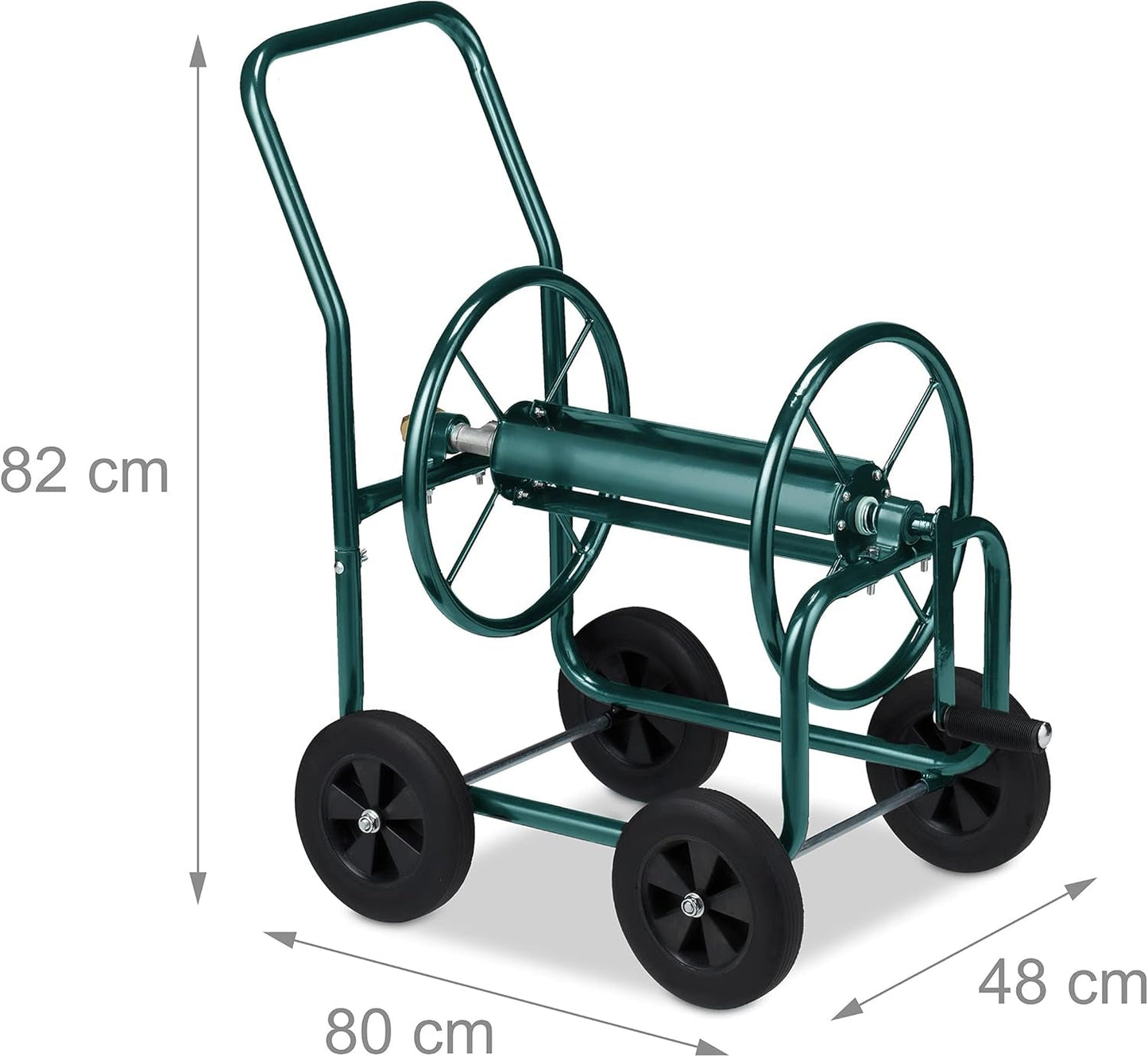 Relaxdays Carrello Portagomma Fino a 60m 4 Gomme in Gomma Piena Accoppiamento a Scatto Avvolgitubo in Metallo Dispenser per Tubo Verde