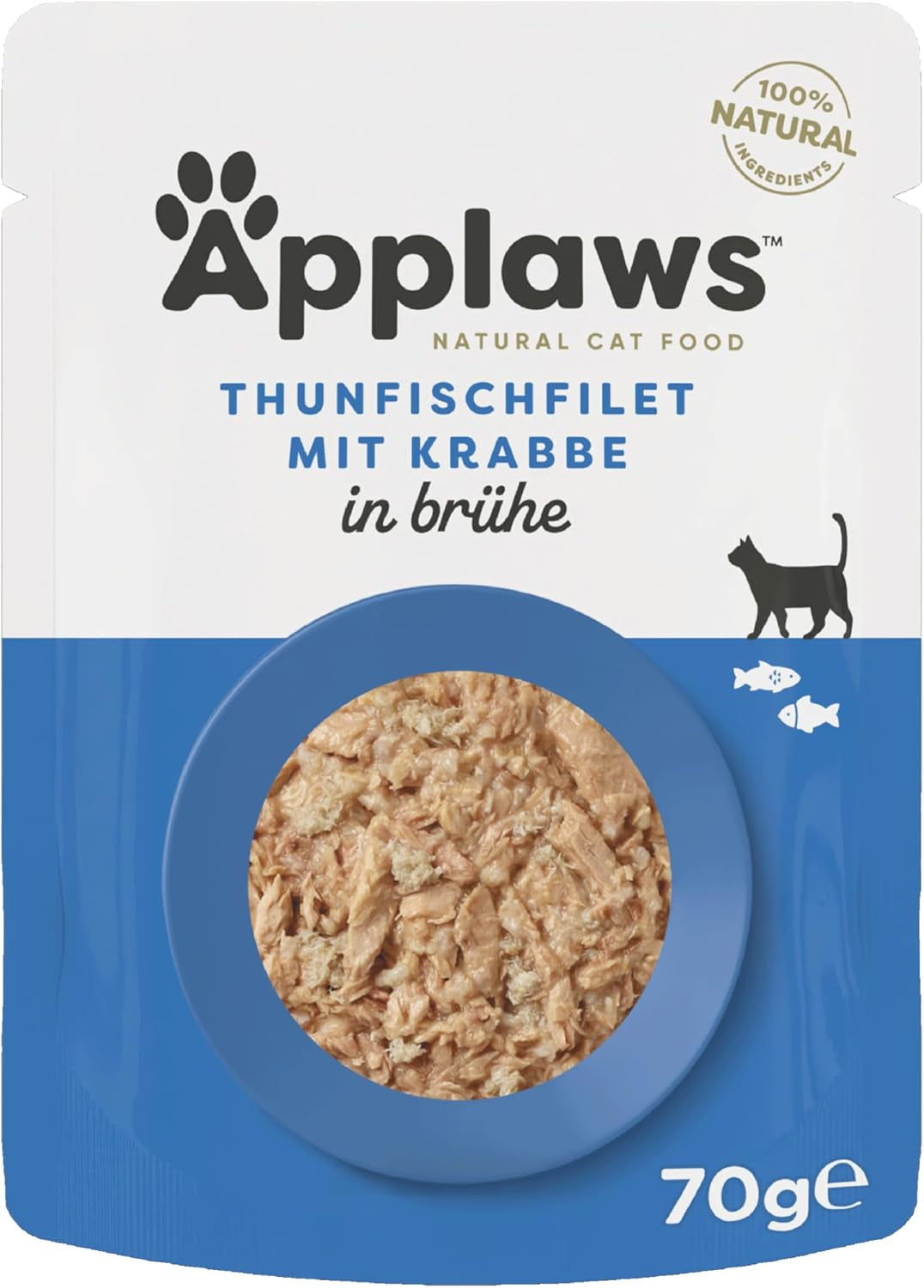Applaws 100% naturale Nassfutter für Katzen, Thunfischfilet mit Krabben in Brühe - Packung mit 12 x 70g Beuteln