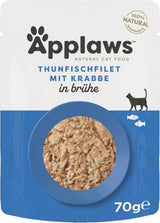Applaws 100% naturale Nassfutter für Katzen, Thunfischfilet mit Krabben in Brühe - Packung mit 12 x 70g Beuteln