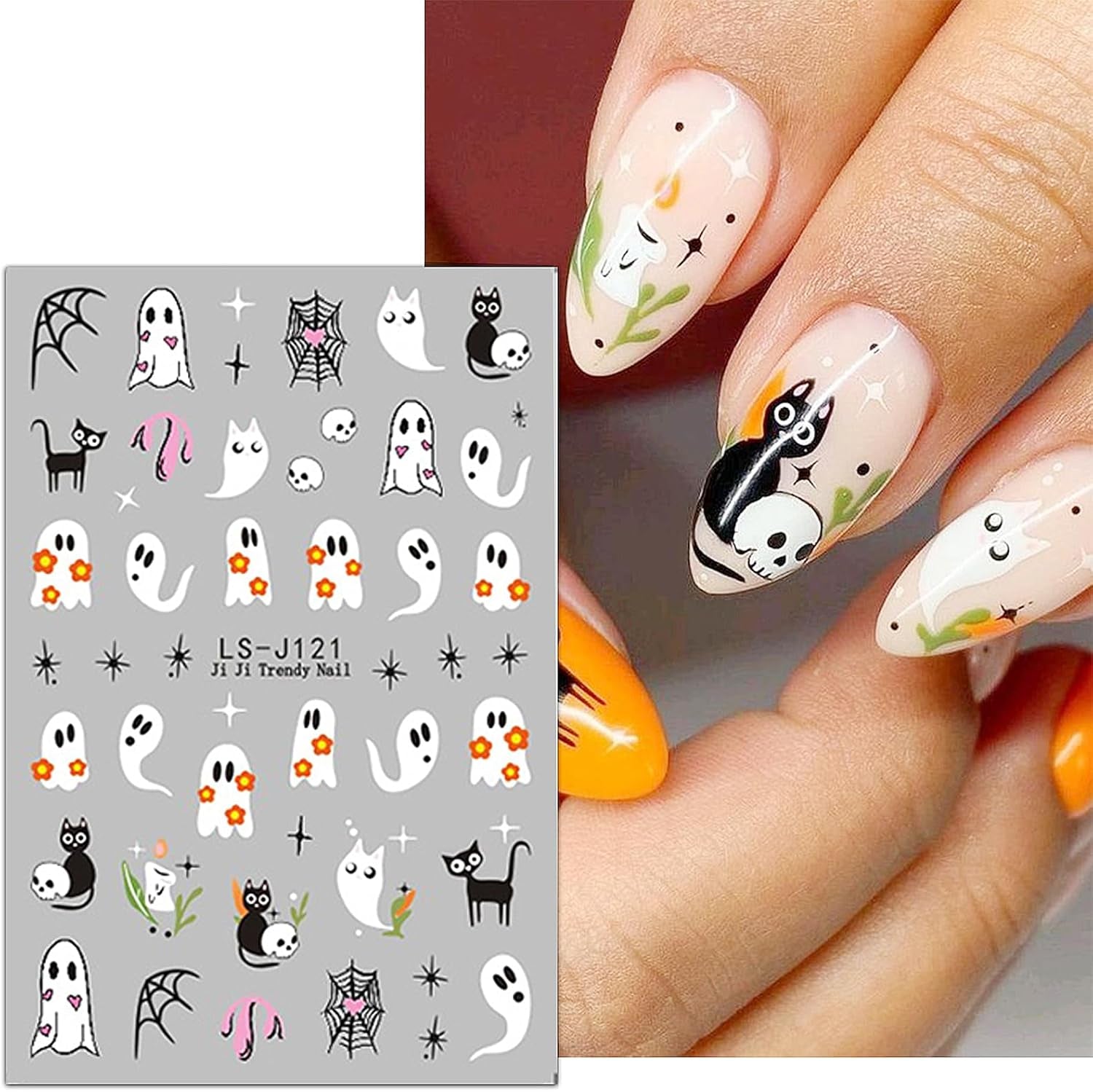 JMEOWIO Adesivo per unghie Halloween Süßer Geist 9 Blatt Nail Art Sticker Selbstklebend Nagelaufkleber Dekoration Nageldesign Zubehör