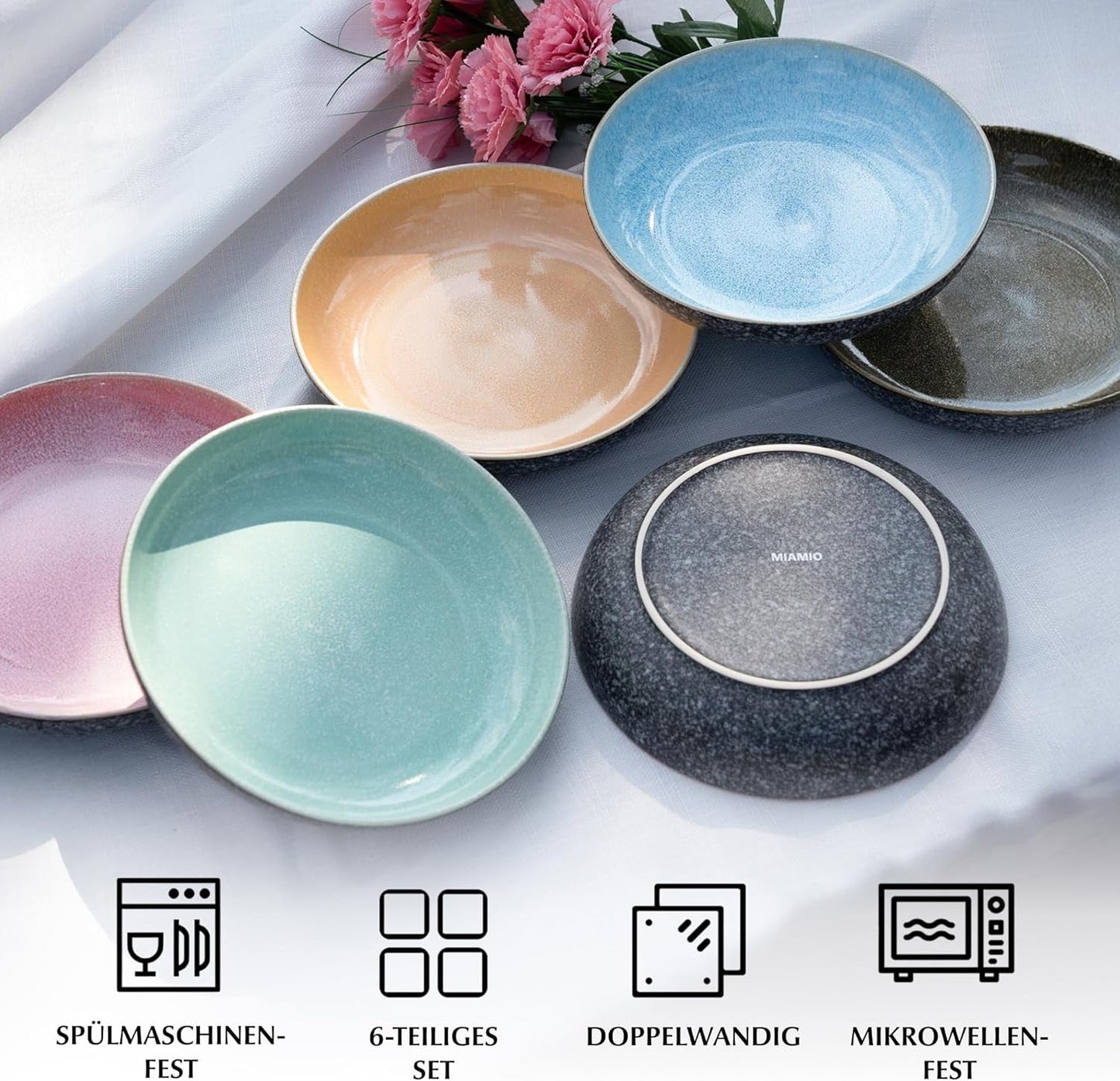 MIAMIO - Piatti Piani, Set da 6 (850ml) / Piatti Pasta Grandi e Fondi, Set Piatti per 6, Insalatiera in Ceramica / Lavabili in Lavastoviglie e Utilizzabili nel Microonde - Collezione Las Palmitas
