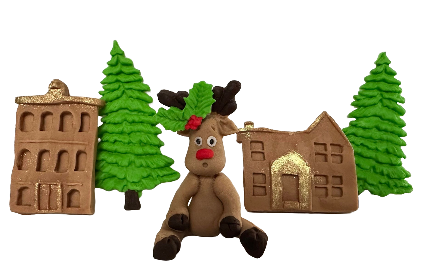 Set di 5 decorazioni in zucchero commestibile, Decorazioni in Pasta di Zucchero Santa's City Nati Shop