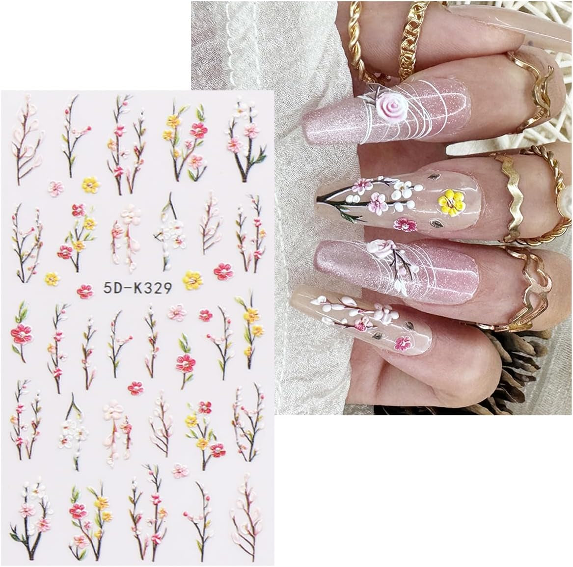 JMEOWIO 3D Nagelsticker Blumen Nail Art Sticker Selbstklebend Nagelaufkleber 5D Stereoscopico Frühling Sommer Dekoration Nageldesign Zubehör 4 Blatt