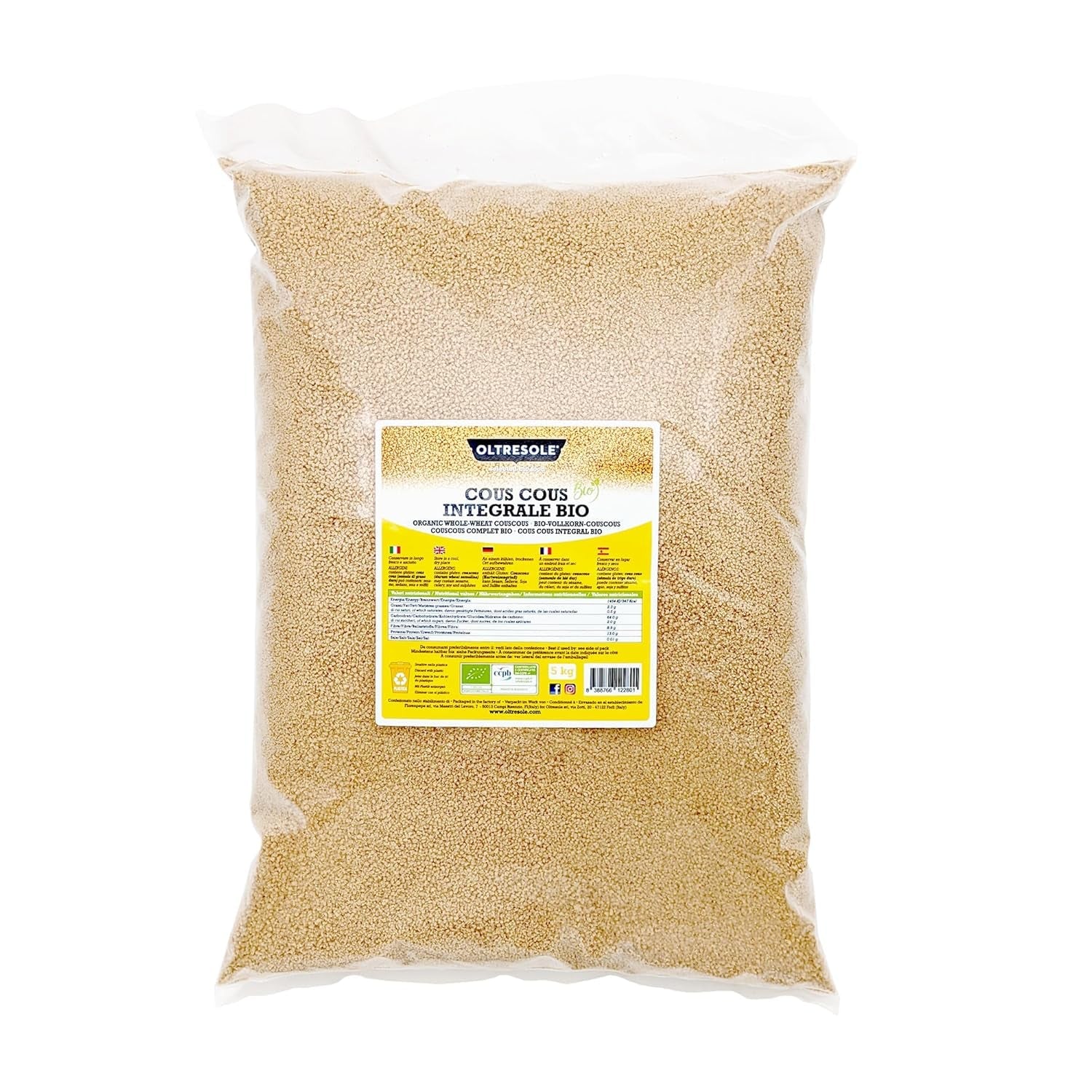 Cous cous integrale biologico 5 kg, farina integrale di grano duro biologico, ideale per antipasti e contorni sani, formato conveniente