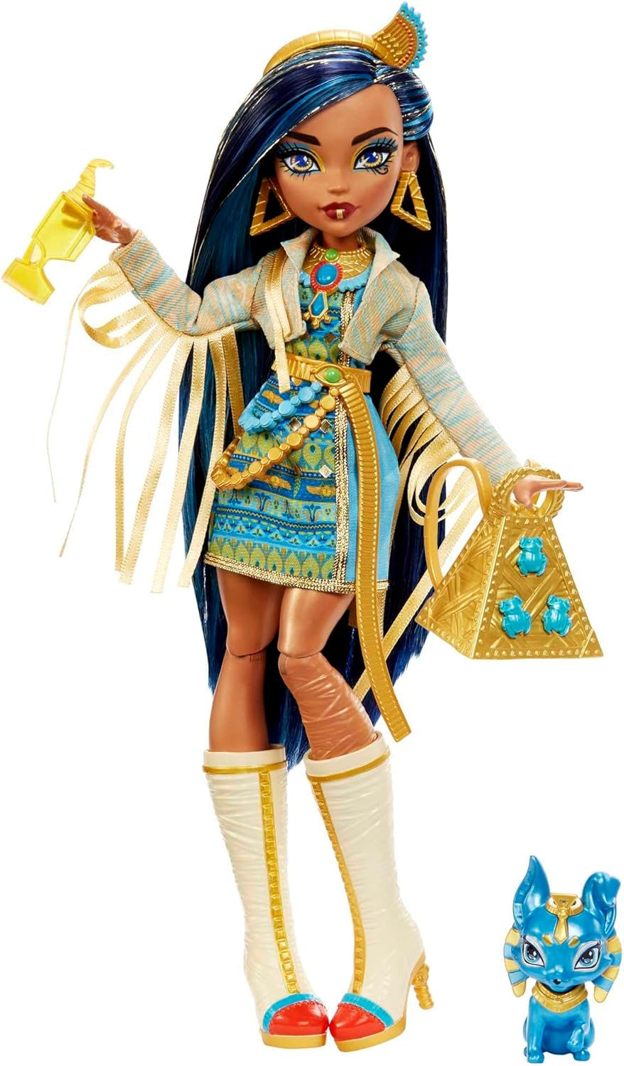 Monster High Cleo de Nile Puppe, Mummie Modepuppe, Königliches Outfit, Killersstiefel, Pyramidenrucksack, Zubehör, für Kinder ab 4 Jahren, HHK54