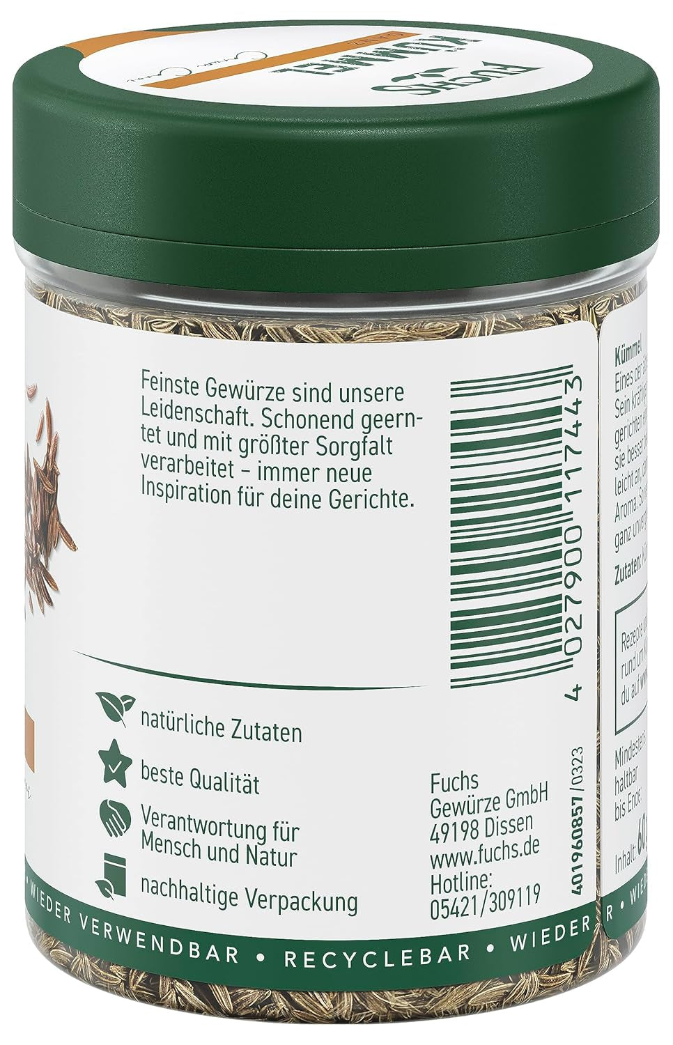 Fuchs Gewürze - Kümmel ganz - kräftiges Gewürz für Kohl- und Fleischgerichte oder zu Bratkartoffeln - ingrediente naturale - 60 g in wiederverwendbarer, recyclebarer Dose