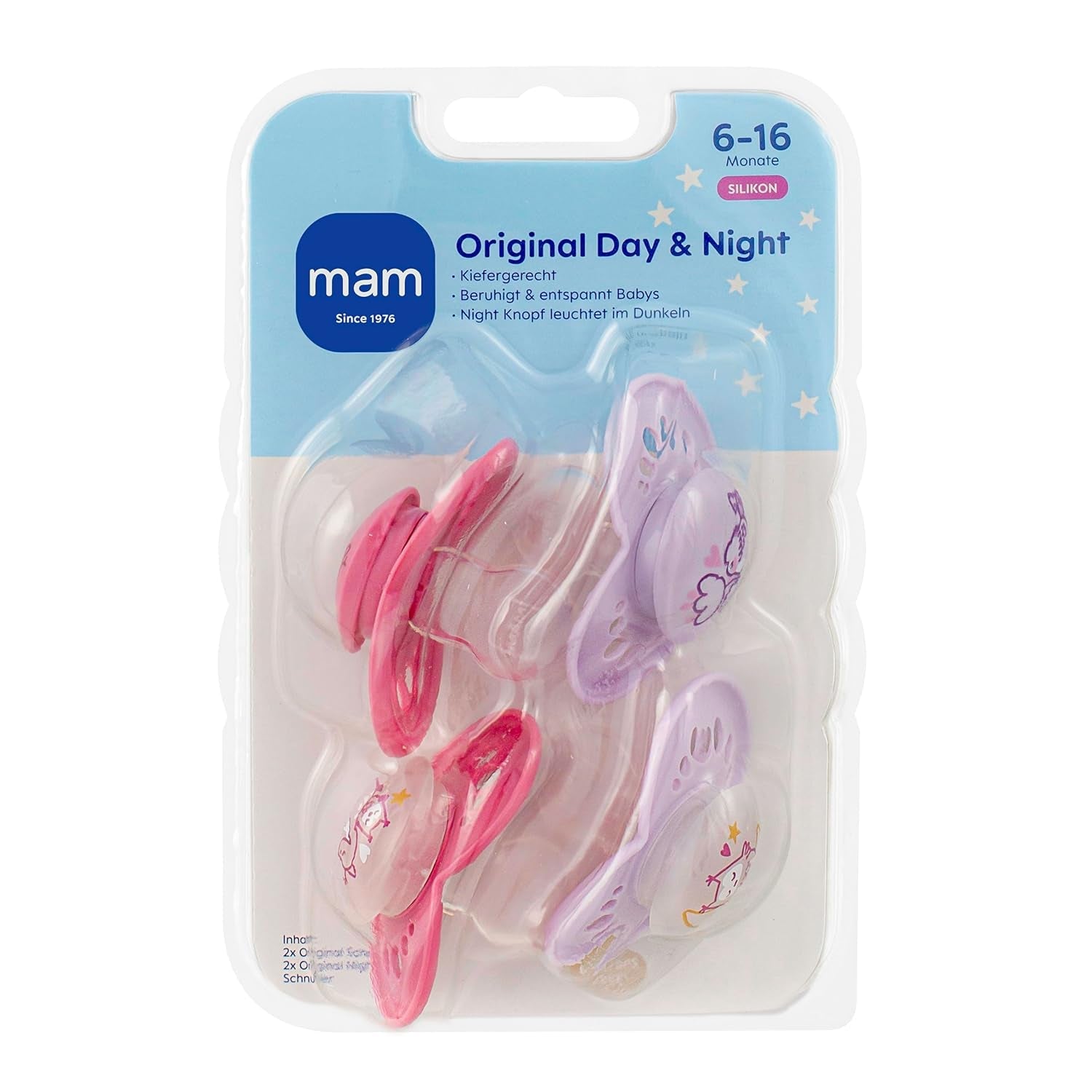 Succhietti MAM Original Day & Night Matt | 6-16 mesi | Set ciuccio | Accettazione 94% | Aiuta a prevenire l'allineamento indesiderato dei denti | Sviluppato insieme ai dentisti Silicone SkinSoft | Motivo uccello/gufo | Confezione da 4