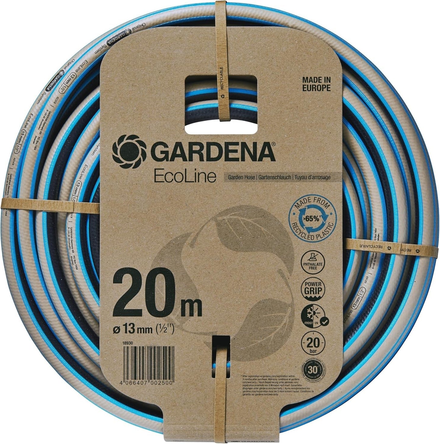 Tubo Gardena EcoLine 1/2 pollice, 20 m senza componenti di sistema: tubo da giardino sostenibile in plastica riciclata, privo di ftalati e sostanze nocive, forte funzione di presa, resistente al gelo e ai raggi UV (18930-20)