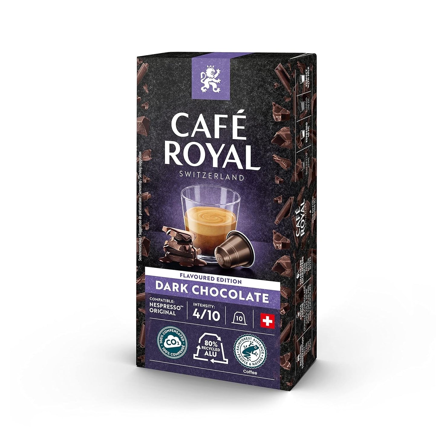 Café Royal aromatizzato al cioccolato fondente, 100 capsule per macchina da caffè Nespresso - 4/10 intensità - zertifiziert UTZ, in alluminio e lungo 36 capsule per macchina da caffè Nespresso - 4/10 intensità