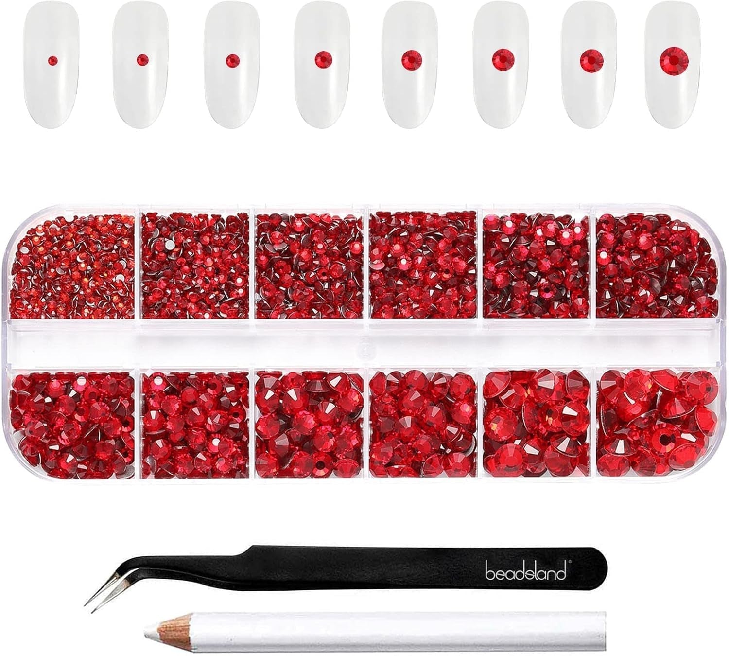 Beadsland 2500 pezzi di vetro per nail art strasssteine ​​​​Kristall Flatback Edelsteine ​​​​Runde, ​​für Handwerk Gemischt 8 Größen SS4 ~ SS30 con picking Pinzette e Stift (Kristall Weiss)