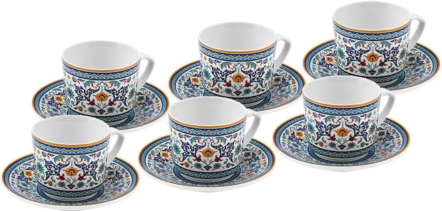 KARACA Beylerbeyi - Set di tazze da caffè turco da 12 pezzi Set di tazze da caffè espresso in porcellana da 6 con piattini Set di tazze da caffè espresso da 80 ml Design tradizionale - Blu