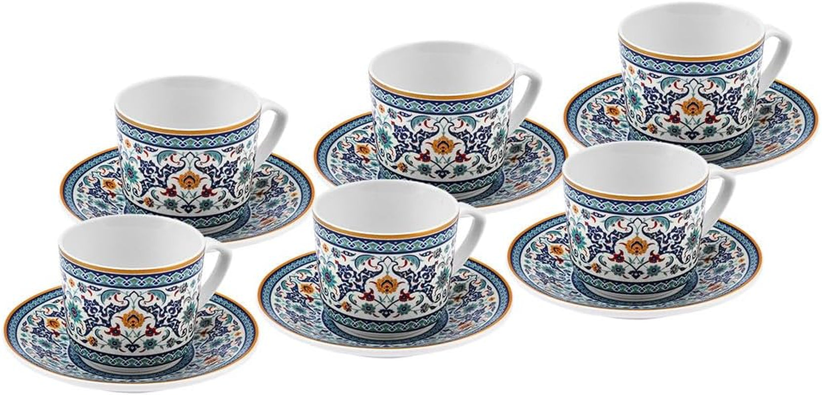 KARACA Beylerbeyi - Set di tazze da caffè turco da 12 pezzi Set di tazze da caffè espresso in porcellana da 6 con piattini Set di tazze da caffè espresso da 80 ml Design tradizionale - Blu