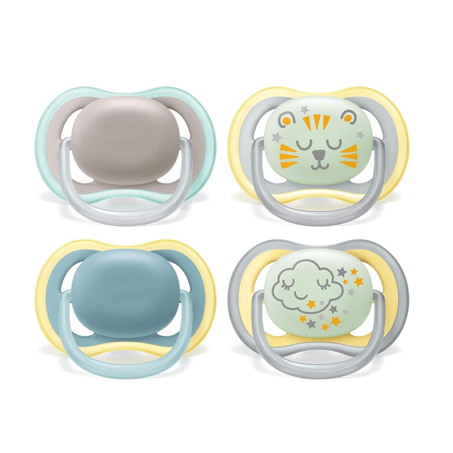 Philips AVENT Set di 4 succhietti Ultra Air leggeri e traspiranti: 2 succhietti che si illuminano al buio e 2 succhietti diurni, 18 mesi+ (modello SCF349/43)