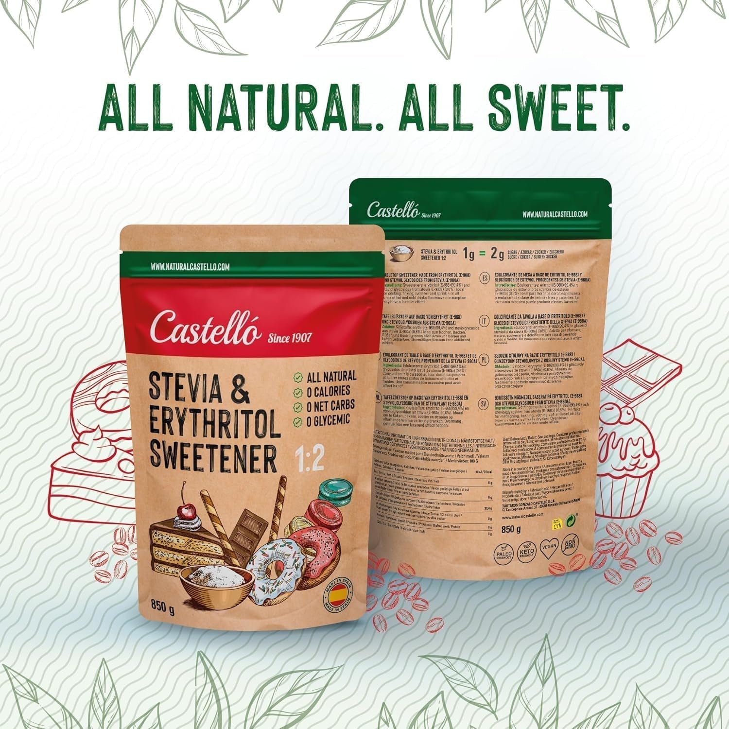 Stevia + eritritolo 1:2 sostanza nutriente | 1G = 2GZucker | 100% Zuckerersatz naturale - 0 Kalorien - 0 Glykämischer Index - Keto und Paleo - 0 Netto-Kohlenhydrated - Kein GVO - Castello since 1907 - 850 G Dolcificanti Naty Shop