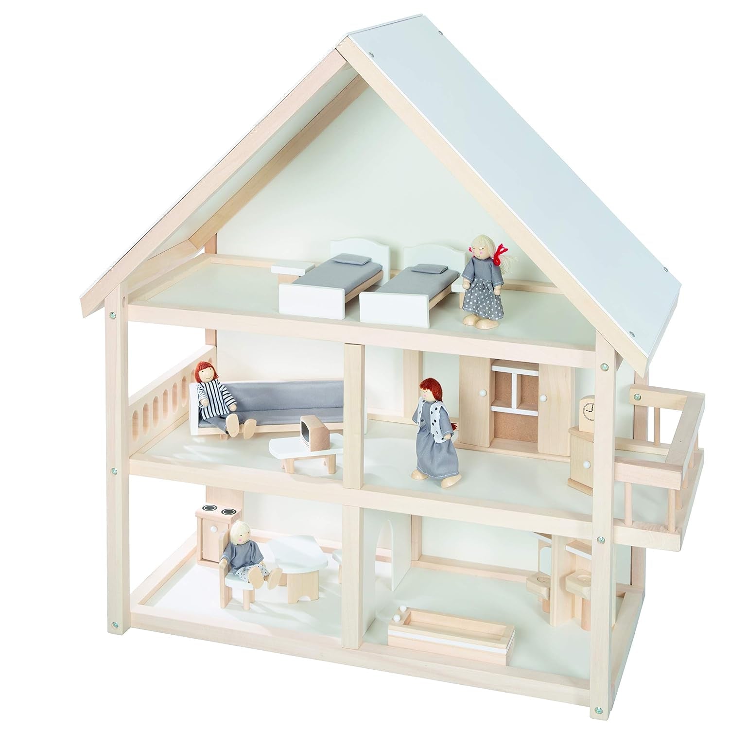 Roba Casa delle bambole, Casa delle bambole con mobili e bambole, Giocattolo per bambina, Legno naturale Naty Shop Case delle bambole in legno naturale