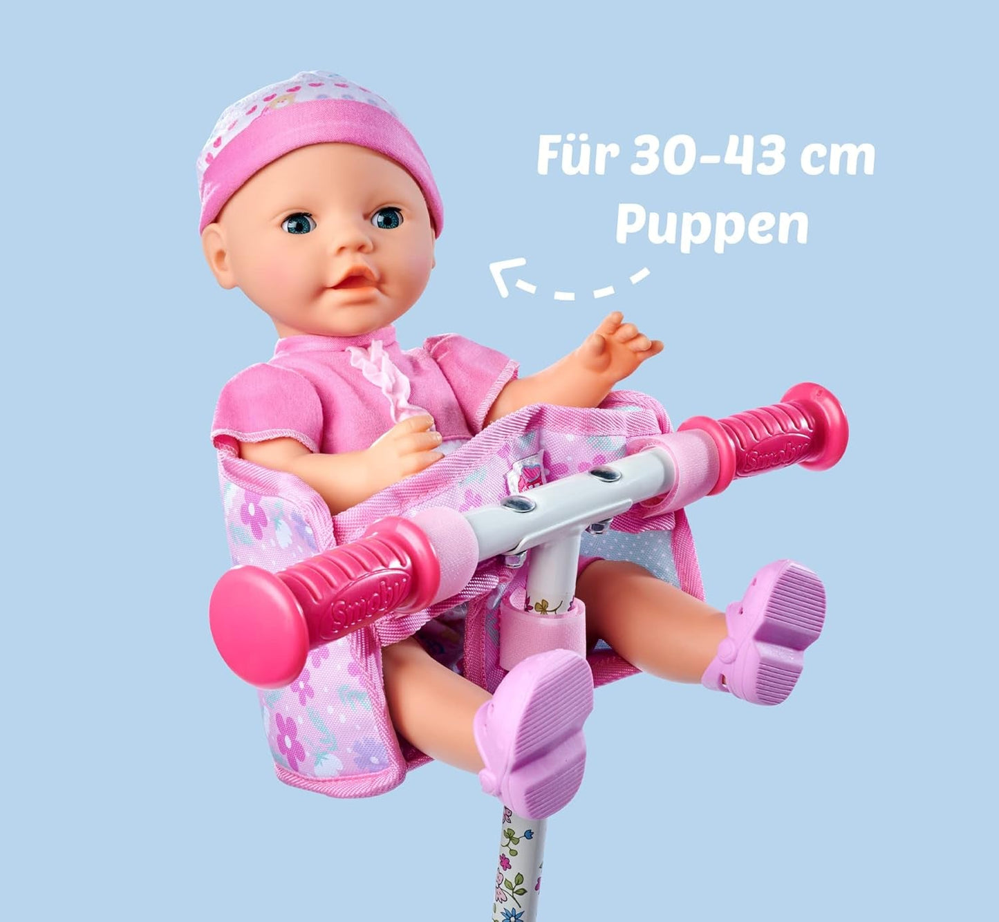 Simba 105560018 - Seggiolino da bici per neonati con cintura, accessorio per bambola, sedile in tessuto, cintura di sicurezza, manubrio in velcro, per bambole da 30-43 cm, dai 3 anni in su