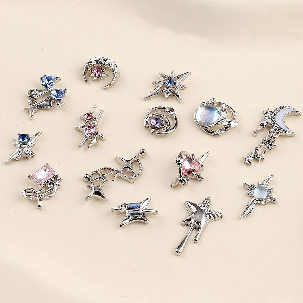 16 Stile Luxus Mond Stern Nagel Charms 3D Nail Charms Y2K Legierung Strasssteine ​​​​Bogen Schmetterling Nagel Schmuck Metall Nail Art Charms Nägel Glitzersteine ​​​​Nailart Strass Nageldesign Zubehör