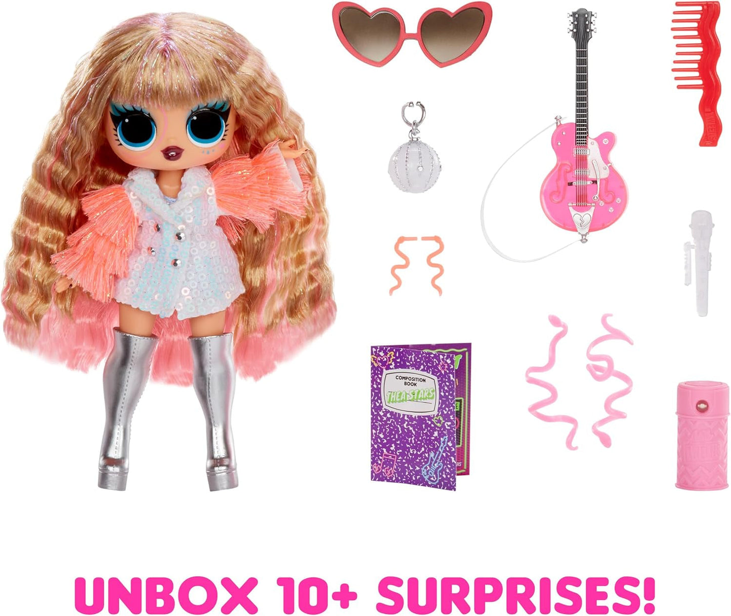 LOL Sorpresa! Tweens Neon Pop Stars - Thea Stars - 1 bambola alla moda con sorprese retroilluminate e oltre 10 vestiti e accessori Pop Star, inclusa la sua chitarra rosa shocking, regalo per bambini dai 4 anni in su