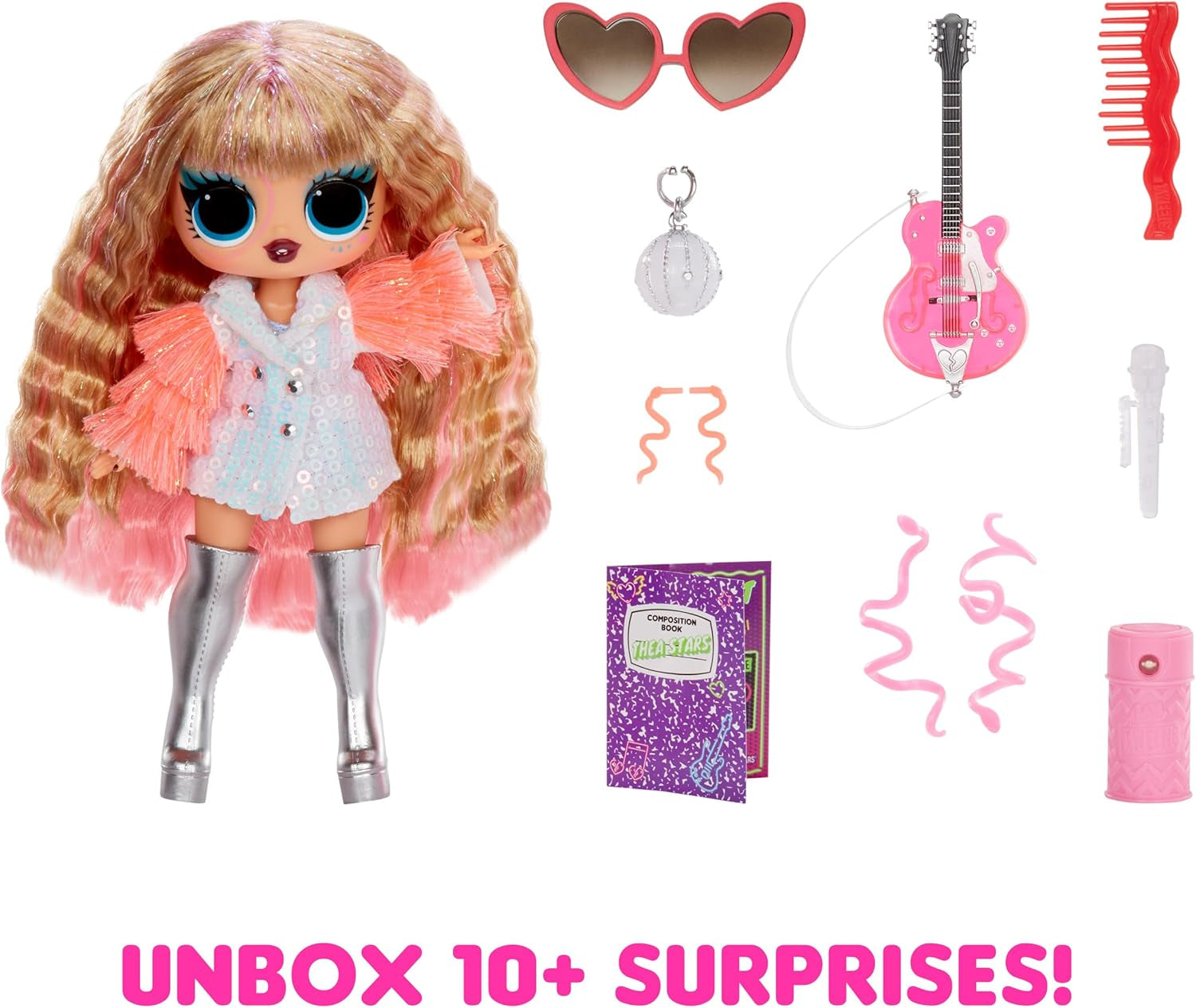 LOL Sorpresa! Tweens Neon Pop Stars - Thea Stars - 1 bambola alla moda con sorprese retroilluminate e oltre 10 vestiti e accessori Pop Star, inclusa la sua chitarra rosa shocking, regalo per bambini dai 4 anni in su
