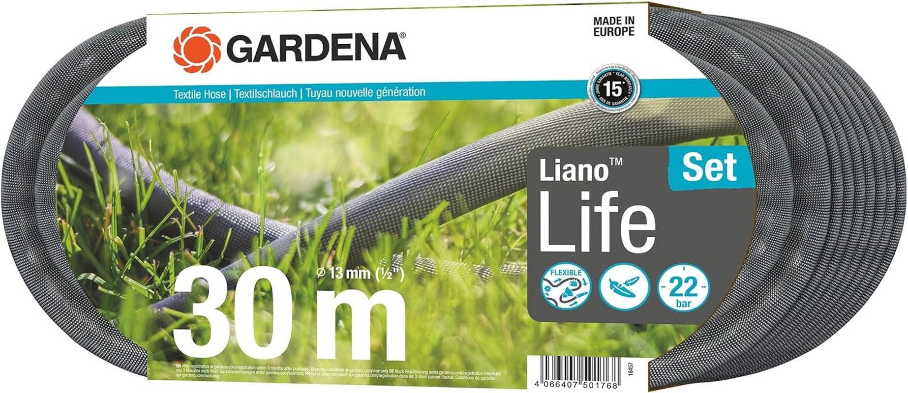 Gardena Liano Life Tubo tessile da 1/2 pollice, set 30 m: Tubo da giardino tessile estremamente flessibile con tubo interno in PVC, senza pieghe, leggero, resistente alle intemperie (18457-20)