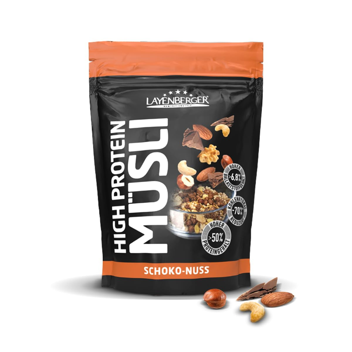 Layenberger Muesli ad alto contenuto proteico 3K, 50% Eiweiß e 18% Kohlenidrato - Confezione singola (1X 390 G) - Schoko-Nuss Cereale Naty Shop 390 G (1Er Pack) Schoko-Nuss