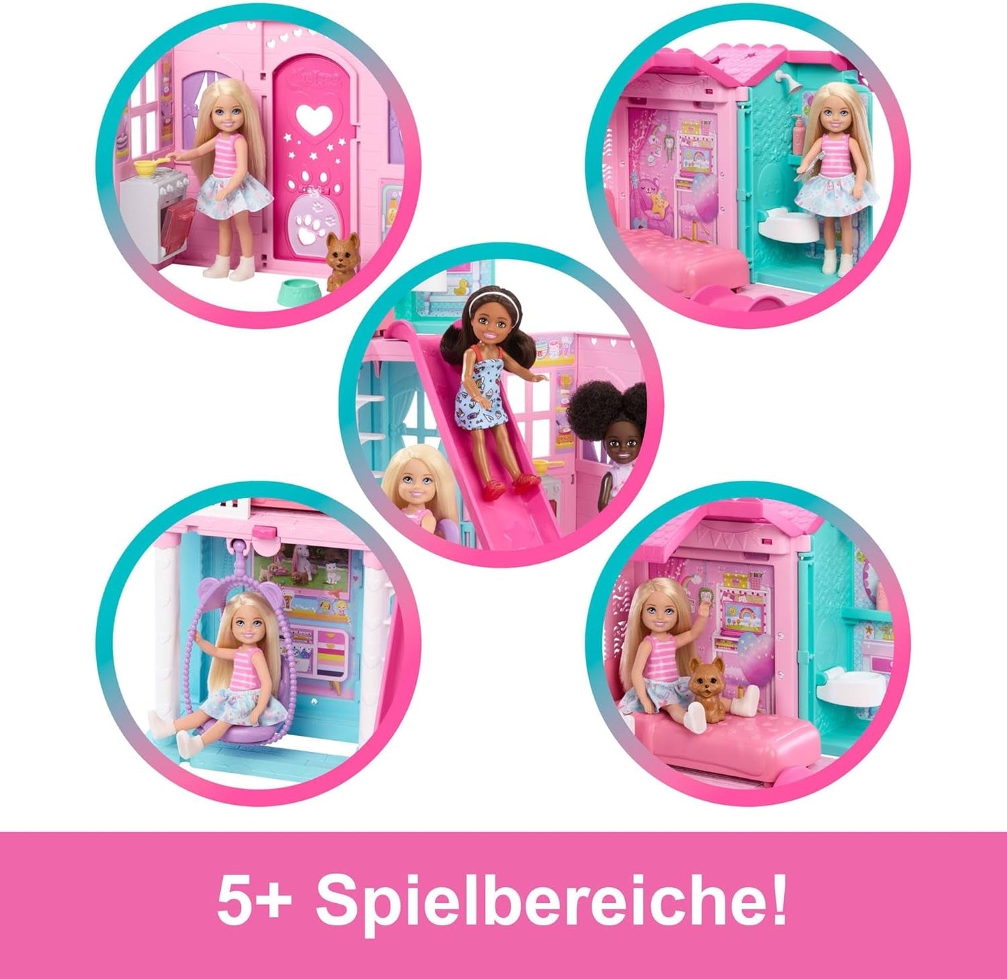 Casa delle bambole Barbie Chelsea con oltre 15 accessori, la casa pop-up si espande fino a 42 x 33 cm con 5 aree gioco e uno scivolo, con una piccola bambola e un cane, JFW49