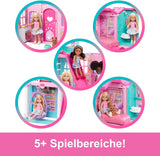 Casa delle bambole Barbie Chelsea con oltre 15 accessori, la casa pop-up si espande fino a 42 x 33 cm con 5 aree gioco e uno scivolo, con una piccola bambola e un cane, JFW49