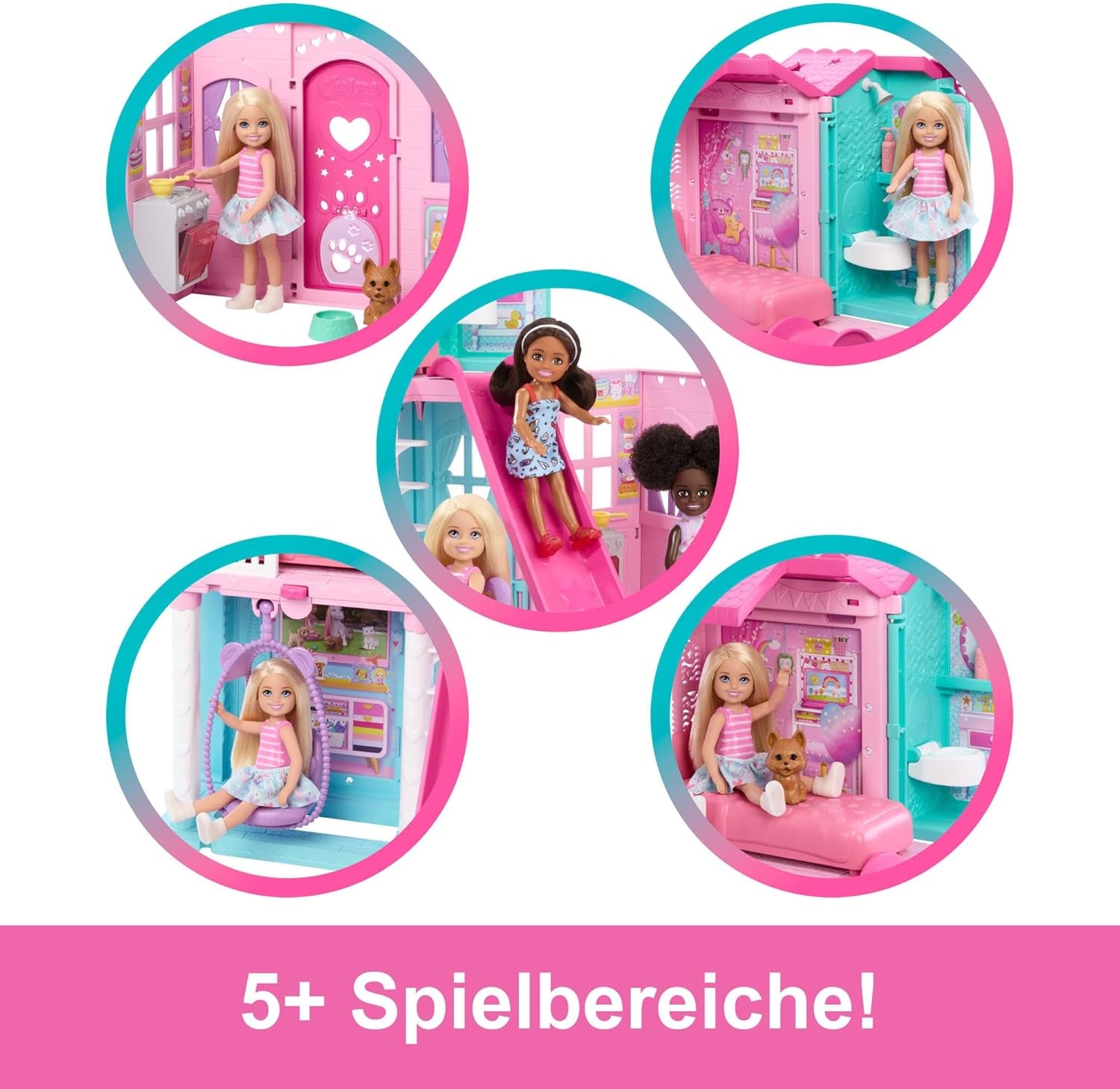 Casa delle bambole Barbie Chelsea con oltre 15 accessori, la casa pop-up si espande fino a 42 x 33 cm con 5 aree gioco e uno scivolo, con una piccola bambola e un cane, JFW49