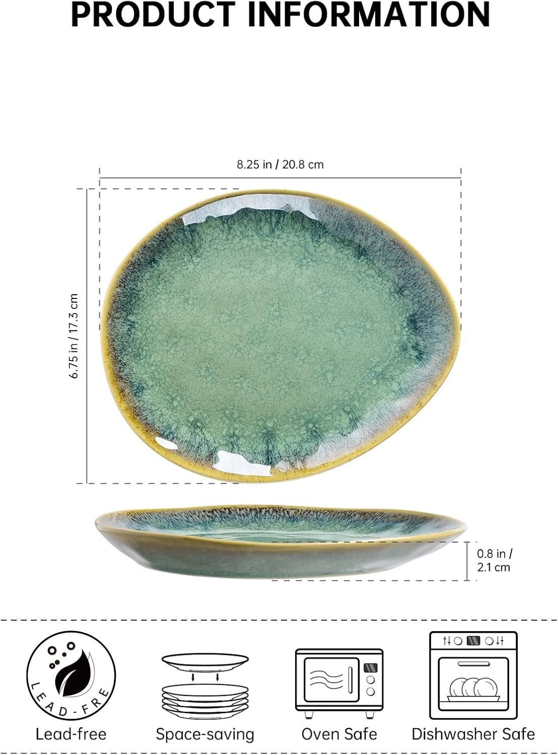 Henten Home Piatti speciali in gres, ciotole per snack e salse - 20x17 cm per 4 persone, piatti da colazione in porcellana - design moderno verde