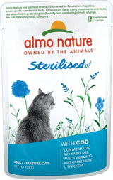 Almo Nature Functional - Sterilized - Alimento umido per gatti adulti e anziani, sterilizzati o meno attivi - con merluzzo e pollo - Basso contenuto di grassi, idratante - 70g (confezione da 6)
