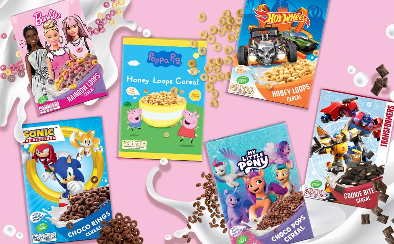 Cereali Barbie Rainbow Loops, anelli colorati di grano, avena e mais al gusto di frutta per una colazione perfetta, 1 confezione (1 x 350g)