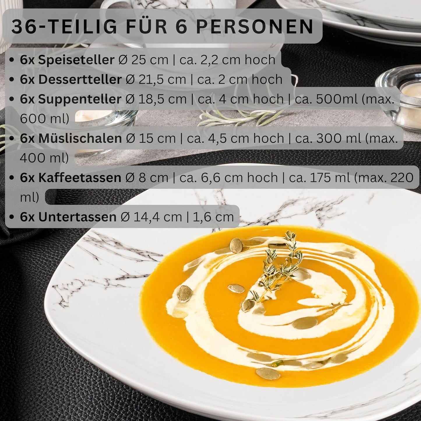 SANGER | Servizio Piatti Combinati in Marmo Bilgola Servizio Piatti 36 Pezzi per 6 con Piatti Piani, Piatti Dessert, Piatti Suma, Ciotole Cereali, Piattini Caffè e Piattini in Porcellana, Quadrati | LA COLLEZIONE PREMIUM
