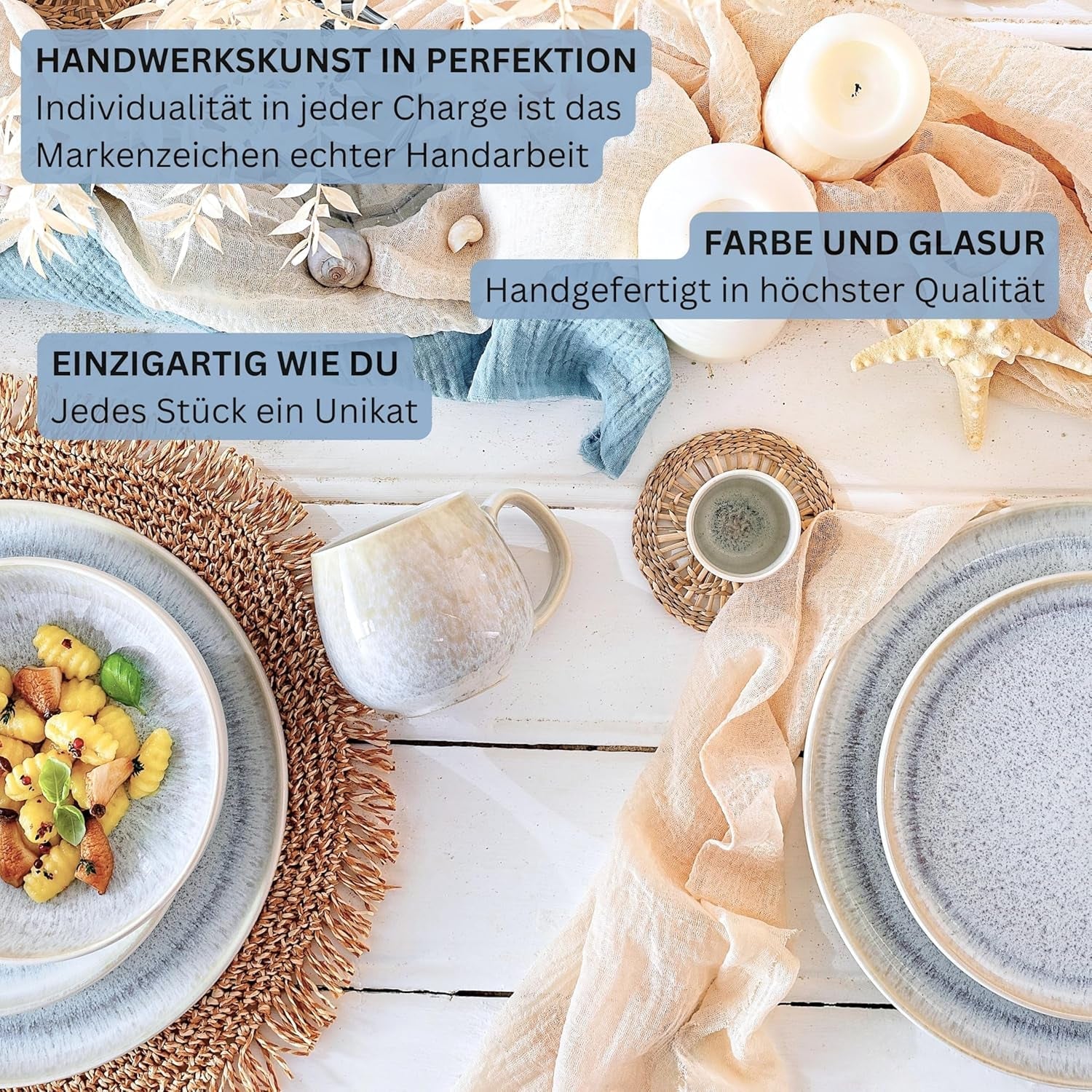 SANGER | Set di stoviglie Santorini da 12 pezzi Set di piatti per 4 persone Set di stoviglie in gres con valutazione MOLTO BUONA che comprende piatti piani, piatti da dessert e piatti Suma crema lilla sfumatura blu | LA COLLEZIONE PREMIUM
