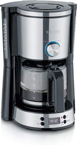 Macchina per caffè espresso SEVERIN "TypeSwitch" con caraffa in vetro e timer, AromaSwitch per scegliere 2 opzioni di erogazione, orologio digitale con funzione timer, per un massimo di 10 tazze, 1000 W, acciaio inossidabile spazzolato-nero, KA 4826