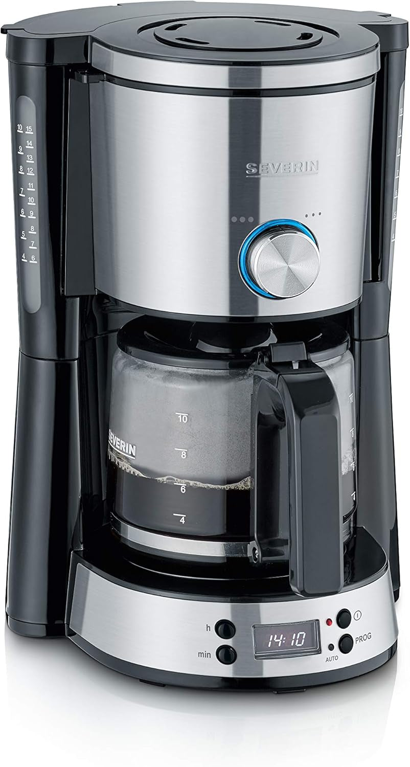 Macchina per caffè espresso SEVERIN "TypeSwitch" con caraffa in vetro e timer, AromaSwitch per scegliere 2 opzioni di erogazione, orologio digitale con funzione timer, per un massimo di 10 tazze, 1000 W, acciaio inossidabile spazzolato-nero, KA 4826