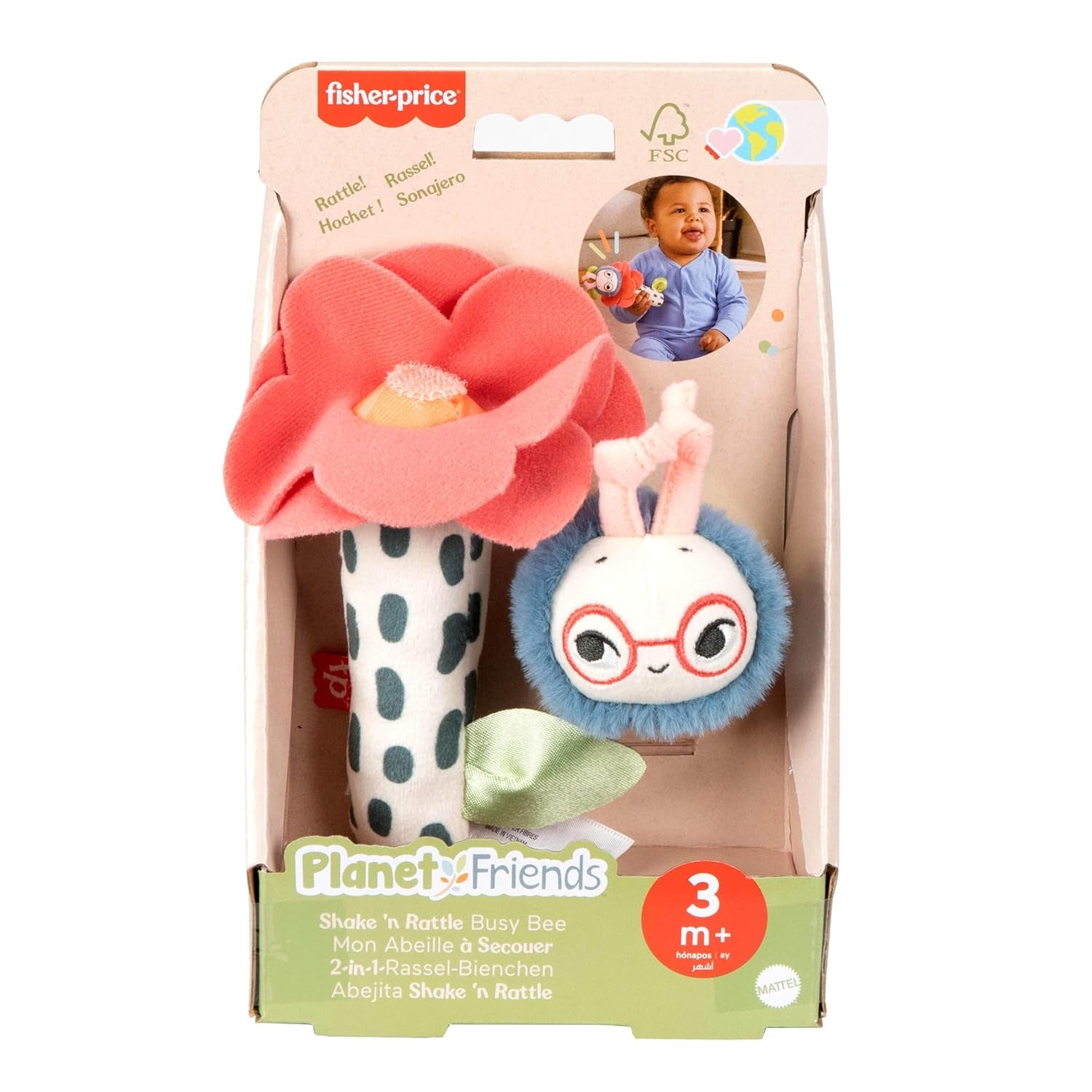 Giocattolo per bambini Fisher-Price Planet Friends Peluche sensoriale 2 in 1 con campanella e ape, set da due pezzi per neonati fino a 3 mesi, HYR56 Baby Toys Naty Shop
