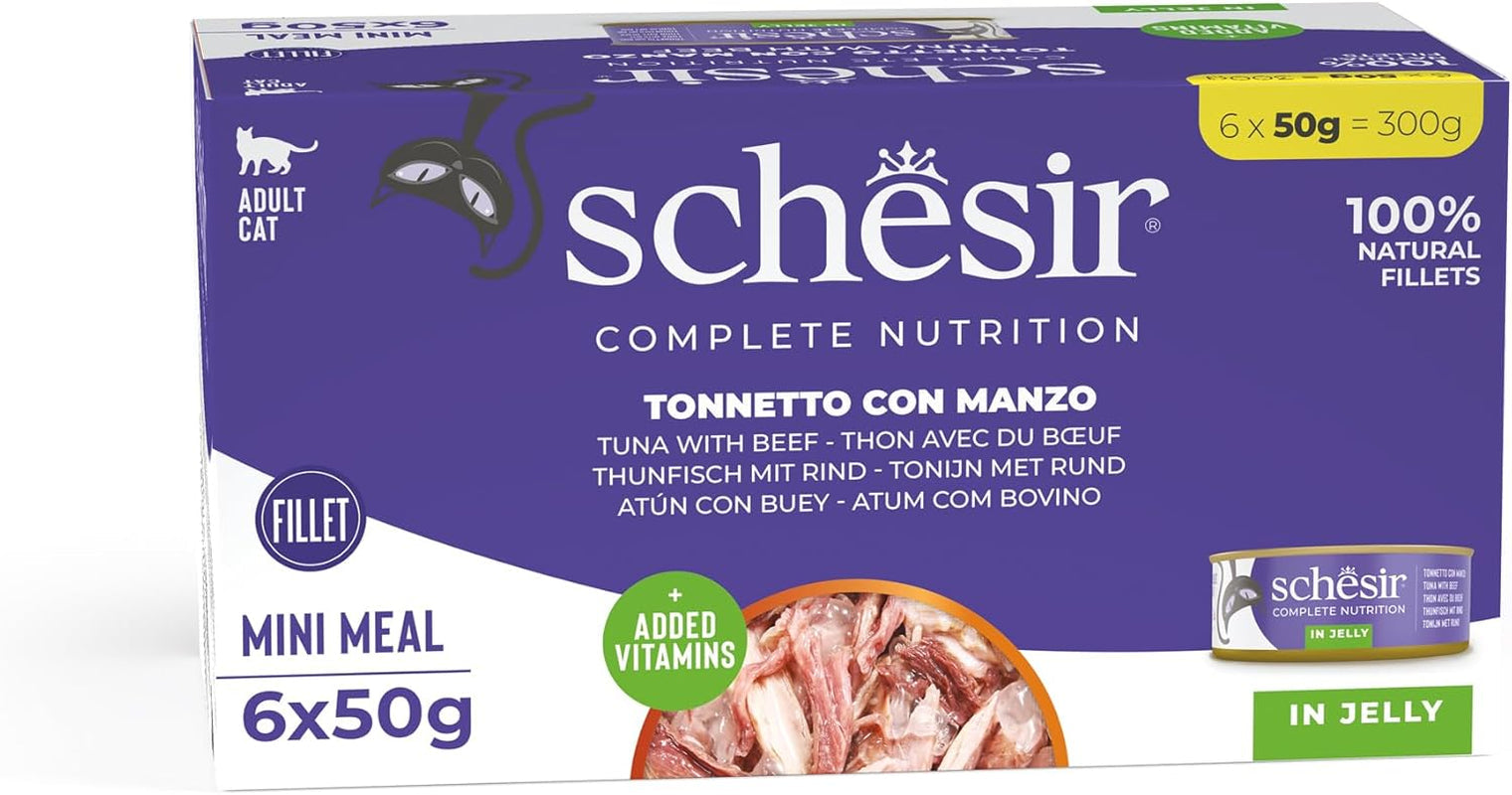 Gelatina per Gatti con Tonno e Manzo, Cibo Umido per Gatti in Gelatina, 8 x 6 Lattine x 50g