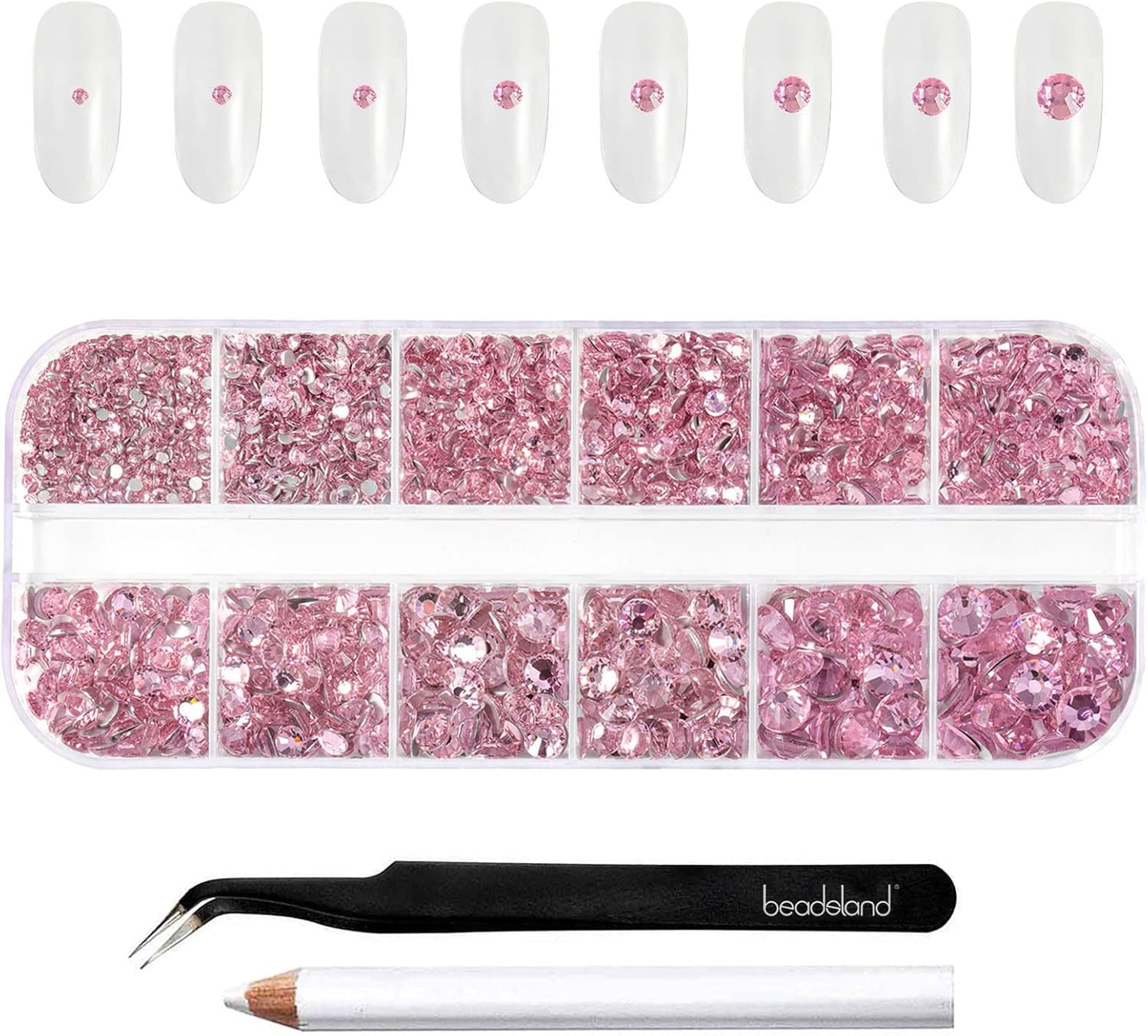 Beadsland 2500 pezzi di vetro per nail art strasssteine ​​​​Kristall Flatback Edelsteine ​​​​Runde, ​​für Handwerk Gemischt 8 Größen SS4 ~ SS30 con picking Pinzette e Stift (Kristall Weiss)