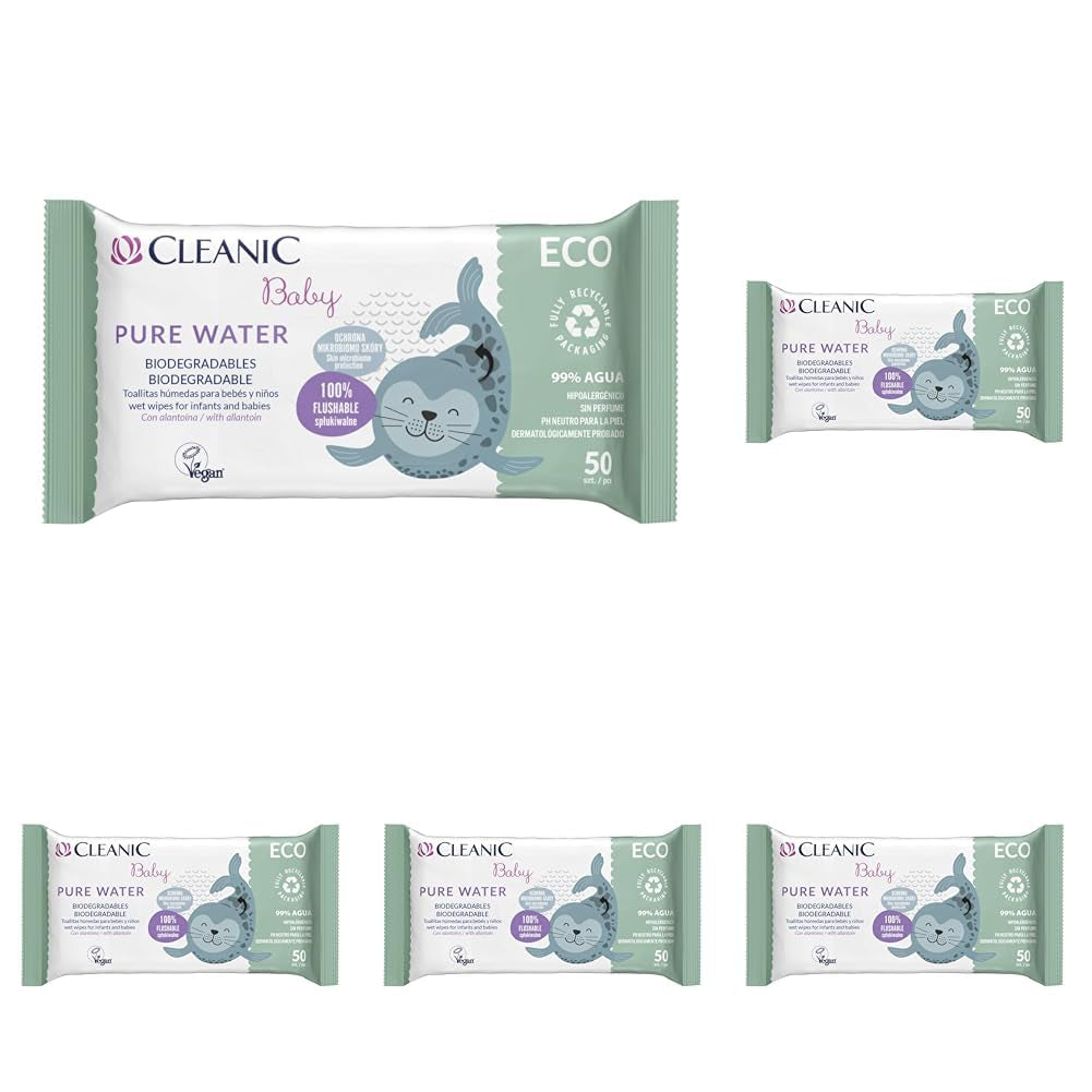 Salviettine umidificate Cleanic Baby Eco Pure Water – (1 x 50 pz.) Salviette umidificate per bambini e neonati – senza profumo, lavabili, pelle sensibile – 50 pz.