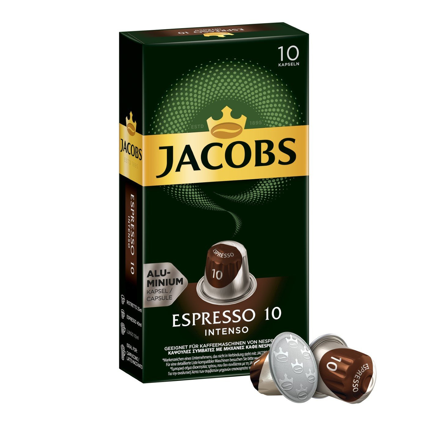 Jacobs Kapseln Lungo Intenso, Intensität 8 & Kapseln Espresso Intenso, Intensität 10.100 Nespresso®* compatibile Kaffeekapseln, Confezione da 10, 10 x 10 Getränke