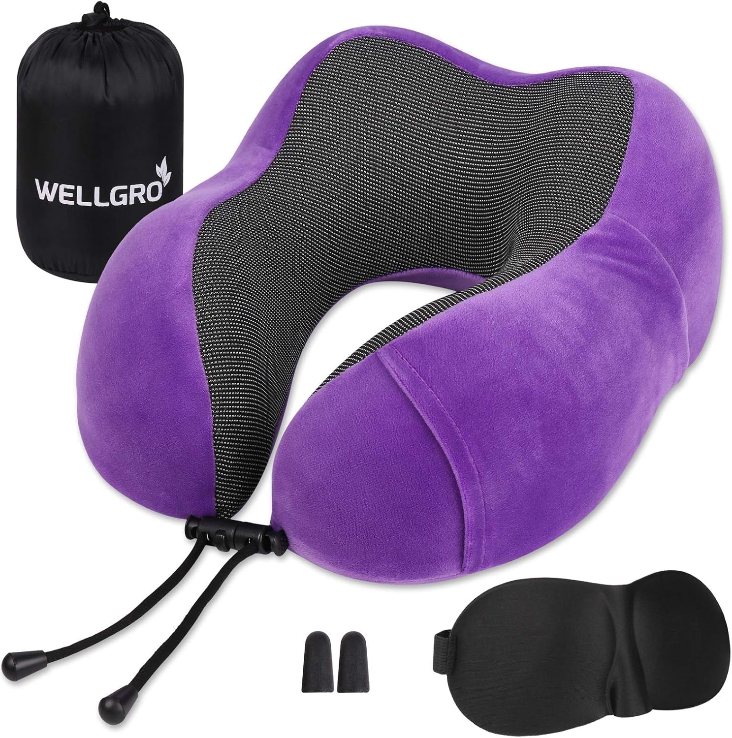 WELLGRO Set Cuscini per Collo con Mascherina per Dormire 3D e Tappi per Le Orecchie - Fodera Rimovibile - Memory Foam - Chiusura con Cerniera - Include Custodia - Cuscino da Viaggio - Colore Selezionabile, Colore:Grigio Naty Shop Cuscini Cervicali Ortopedici Viola